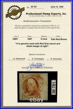 1, Used 5¢ Sheet Margin Superb Pale Red Brown Shade PSE Cert Stuart Katz