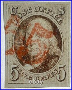 #1 Used with 2 Strikes of Red Numeral 5 Cancel, PF Cert for on Piece, PF#252976