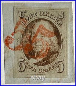 #1 Used with 2 Strikes of Red Numeral 5 Cancel, PF Cert for on Piece, PF#252976