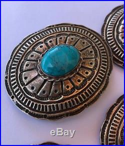 11- Early Old Pawn Navajo Stamped Sterling Silver Kingman Turquoise Concho Belt