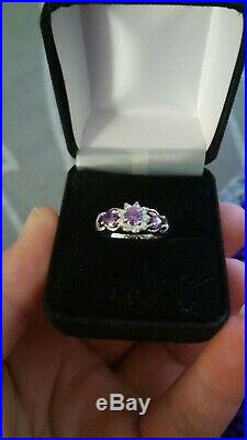 14K Stamped White Gold Tone Amethyst Flower Cluster Heart Ring SZ 7.5 NO RESERVE