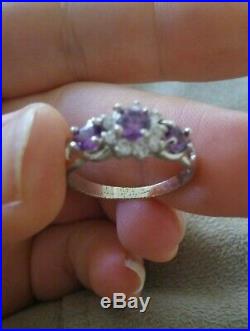 14K Stamped White Gold Tone Amethyst Flower Cluster Heart Ring SZ 7.5 NO RESERVE