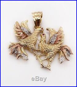 14k Solid Tri Color Gold Two Fighting Rooster Pendant 16.8 Grams 1.97 Mens