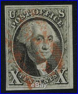 //16 USA 1847 Scott#2 used 10 Cents Washington cv$925 4Margins & Red cancel