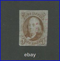 1847 United States Postage Stamp #1 Used Red Cancel F/VF
