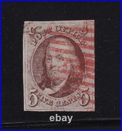 1847 Washington Sc 1 used single 5c red grid cancel APS Certificate RGC