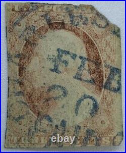 1850's 1860's US IMPERF STAMP WITH CHARLESTON PAID FEBRUARY 20 SON CANCEL