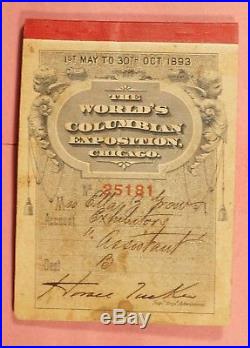 1893 WORLDS COLUMBIAN EXPO EXHIBITOR ADMISSION TICKET BOOKLET With TICKETS