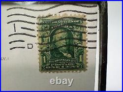 1907 Post Card Benjamin Franklin 1902 1 cent Green Canceled USA stamp in Glass