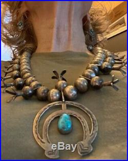 1920s Navajo Squash Blossom Necklace Bisbee Turquoise Hand Constructed Stamped