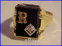 1930s 10K GOLD DIAMOND & ONYX INITIAL RING 5g SZ 11 with STAMPS & HALLMARK NO RES