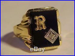 1930s 10K GOLD DIAMOND & ONYX INITIAL RING 5g SZ 11 with STAMPS & HALLMARK NO RES