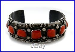 1950's Old Pawn Navajo Indian Hand Stamped Red Coral. 925 Silver Cuff