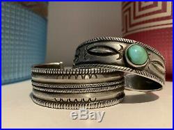 2 JOCK FAVOUR Finely Stamped Turquoise and Chiseled Coin Silver Bracelets