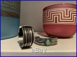 2 JOCK FAVOUR Finely Stamped Turquoise and Chiseled Coin Silver Bracelets