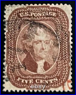 #29 Used, 1859 5¢ Jefferson Brown, Very Well Centered & Nicely Canceled Beauty