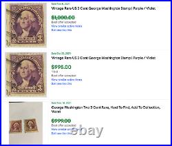 3 Vintage Rare 3 Cent George Washington CONNECTED Stamps Purple / Violet