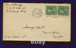 343 Type 1 US Automatic Vending Coil Used Pair of Stamps on 1910 Cover to CANADA