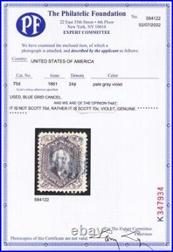 70c, Used 24¢ Violet Shade Blue Cancel PFC Certificate CV $2,300.00 Stuart Katz