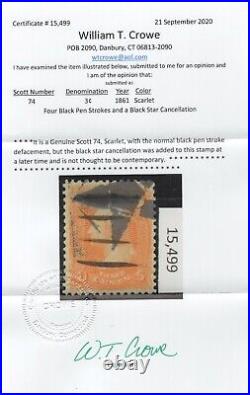 #74, 74 TC with 4 Horizontal Black Pen Strokes with Crowe Cert. (GD 9/24)