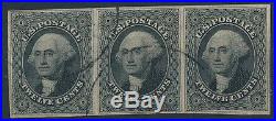 7803 USA 1851-56 SCARCE strip of 3 perfect used. Sign Brun