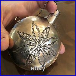 A+ Navajo Dine Stamped Technique Sterling Silver Snuff Bottle Chain Flask 4 X 3