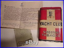 ANTIQUE ADVERTISING YACHT CLUB SMOKING TOBACCO VERTICAL TIN WithTAX STAMP& LEAFLET