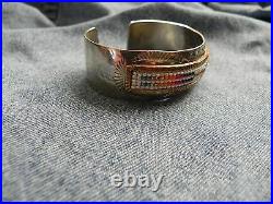 Beaded inlay & stamped Sterling Silver Cuff Bracelet Navajo