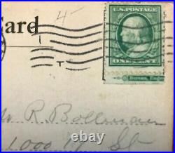Ben Franklin 1910 One Cent Green Stamp w rare perforation on postcard
