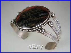 Best Old Navajo Stamped Sterling Silver & Red Black Petrified Wood Bracelet