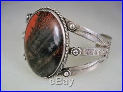 Best Old Navajo Stamped Sterling Silver & Red Black Petrified Wood Bracelet