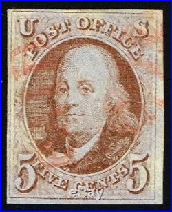 CKStamps US Stamp Collection Scott#1 5c Franklin Used Lightly Toned CV$400