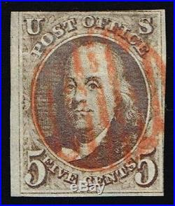 CKStamps US Stamps Collection Scott#1 5c Franklin Used Color Cancel CV$400