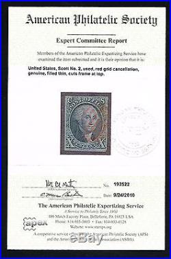 CKStamps US Stamps Collection Scott#2 10c Washington Used APS Cert CV$850