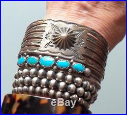 Classic Vintage Stamped Carinated Silver Turquoise Row Cuff Bracelet