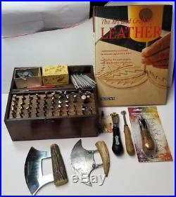 Craftool Leather Craft tools Lot 63 Leather Stamping and Wood Box and extras