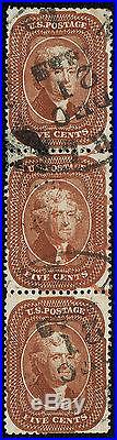 DB139 USA 1857 Scott#28b Bright Red brown Strip of 3 cv$9,275