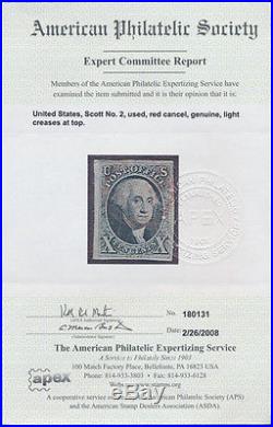 Drbobstamps US Scott #2 Used Four Margins Stamp APS Certificate