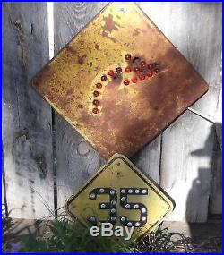 Embossed road, highway speed sign. Glass marble reflectors. Pre-war date stamp