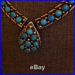 Fabulous Old Pawn D. Signed Turquoises &Stamped Sterling Silver Necklace