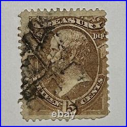 Fancy Cancel 1873 Daniel Webster 15c Treasury Stamp #o79 Grilled X Shape Cancel