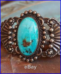 Fred Harvey Era Blue Gem Turquoise Coin Silver Arrow Stamped Cuff Bracelet