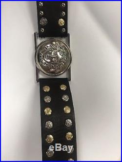 GIANNI VERSACE Black Stamped Leather Belt withMedusa Studs -Sz 90-36 1990s