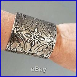 GORGEOUS Wide Early Harvey Era NAVAJO Silver Stamped Bracelet IH Coin Silver