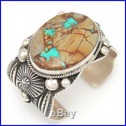 GUY HOSKIE Navajo Hand Stamped Sterling Silver Ribbon Turquoise Cuff Bracelet G