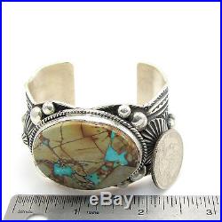 GUY HOSKIE Navajo Hand Stamped Sterling Silver Ribbon Turquoise Cuff Bracelet G