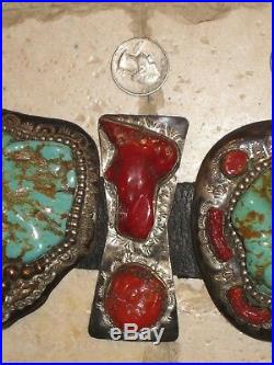 Gale Self Choctaw Concho Belt Raw Turquoise, Coral, 14K, Hand Stamping