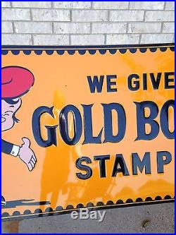 Gold Bond Stamps Sign Embossed Non Porcelain Metal Store Grocery Robertson Sign