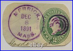 Gorgeous 1891 Purple Merrick Massachusetts Cancel On Cut Square Stamp