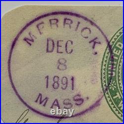 Gorgeous 1891 Purple Merrick Massachusetts Cancel On Cut Square Stamp